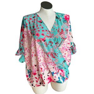 Umgee Womens Faux Wrap Top Size XL Floral OVERSIZED Bright Half Sleeve Flutter